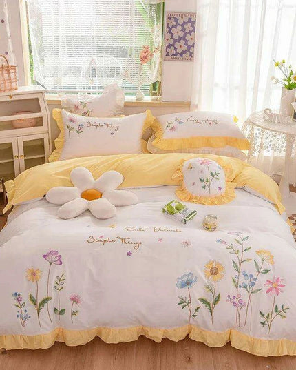 Pastoral Elegance: Embroidered Floral Cotton Bedding Set with Ruffled Details - Duvet Cover, Flat & Fitted Sheets, Pillowcases