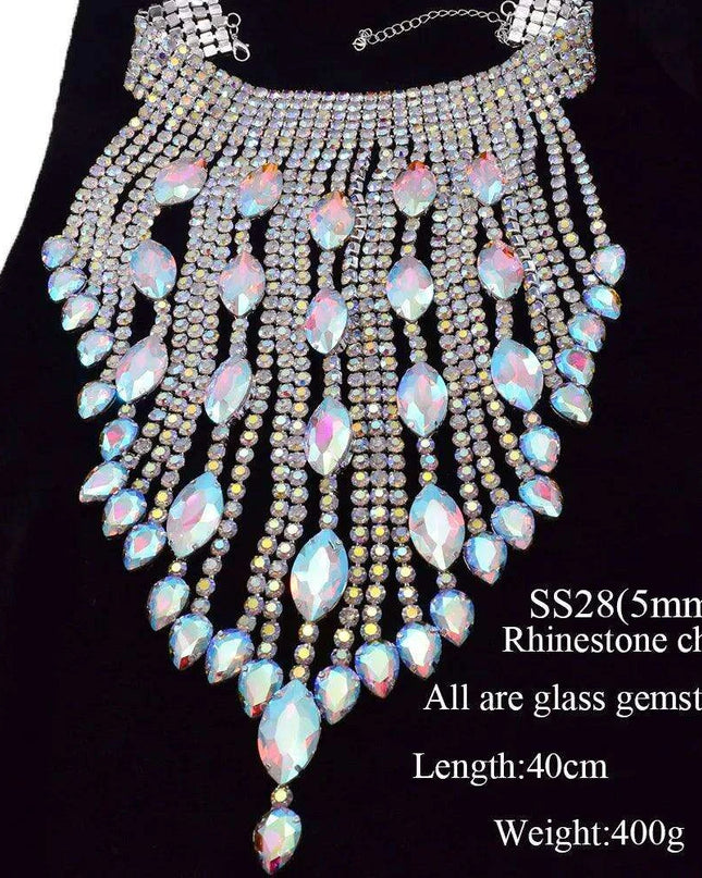 Elegant Silver Chain Choker Necklace with Crystal AB Rhinestone Tassels - Perfect for Weddings and Glamorous Occasions