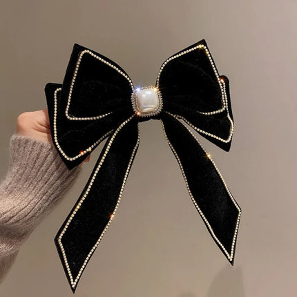 Velvet Bow Hair Clip with Rhinestone & Tassel | Korean Style