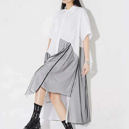 Trendy Plus Size White Mesh Shirt Dress with Irregular Splicing – Short Sleeve Fashion for Spring/Summer 2024