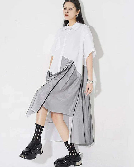Trendy Plus Size White Mesh Shirt Dress with Irregular Splicing – Short Sleeve Fashion for Spring/Summer 2024