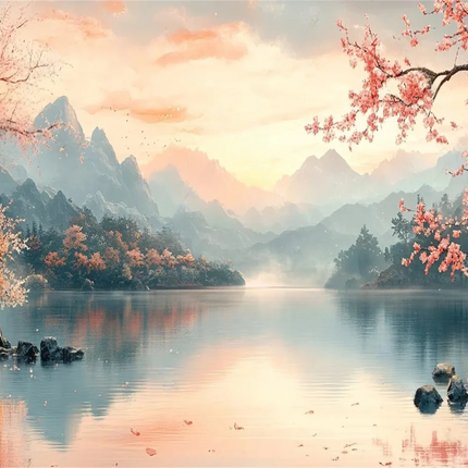 Mountain Lake Cherry Blossom 3D Mural Wallpaper