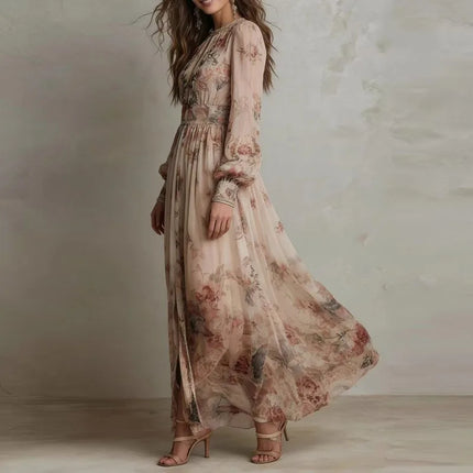 Vintage Floral Pleated Long Dress — High Waist, Long Sleeve, O-Neck