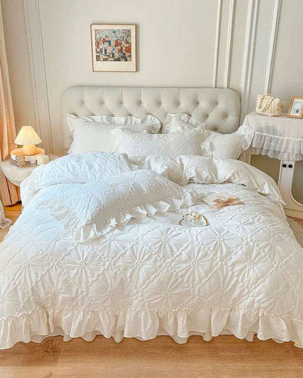 100% Cotton Ruffle Korean Princess Solid White Bedding Sets