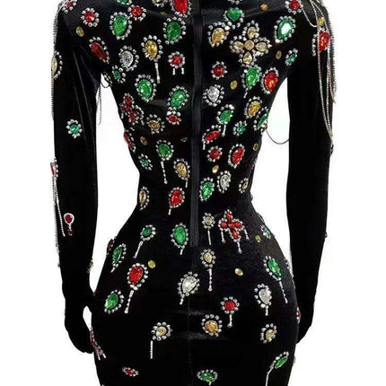 Elegant Black Velvet Evening Gown with Dazzling Crystal Details