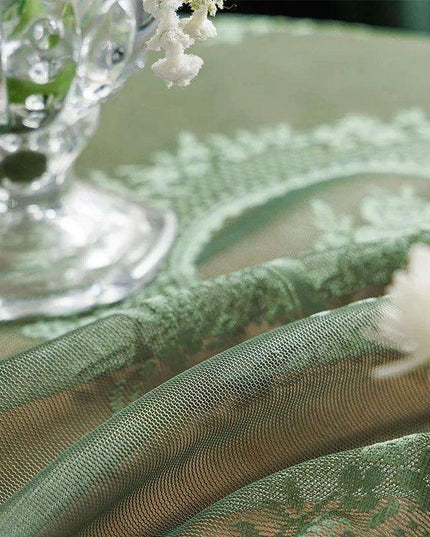 Chic Vintage Dark Green Floral Tulle Tablecloth with Ruffled Edges for Elegant Dining