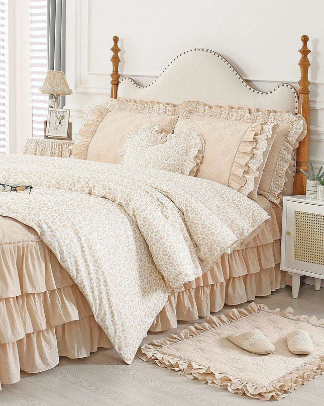 Elegant Leopard Print Ruffled Cotton Bedding Set - 4-Piece Korean-Inspired Duvet Collection with Bed Skirt