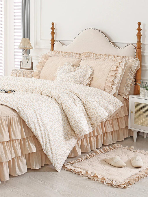 Elegant Leopard Print Ruffled Cotton Bedding Set - 4-Piece Korean-Inspired Duvet Collection with Bed Skirt