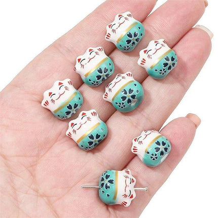 Set of 2 Artisan 14mm Ceramic Lucky Cat Charms for Creative Jewelry Designs