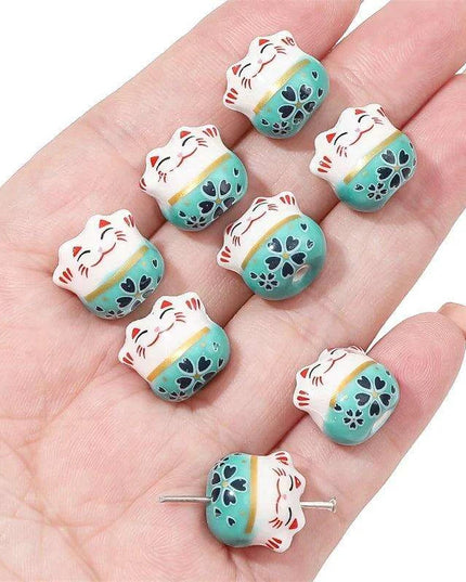 Set of 2 Artisan 14mm Ceramic Lucky Cat Charms for Creative Jewelry Designs