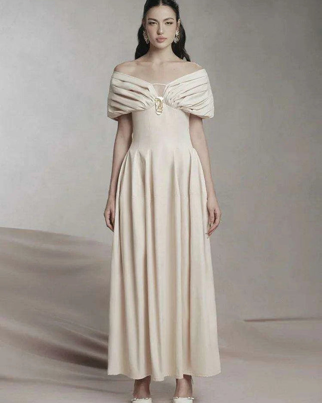 Puff Sleeve V-neck Pleated Swing Dress - Sophisticated Evening Party Attire