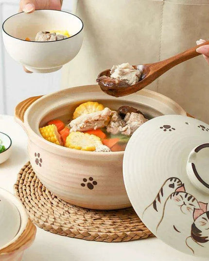 Elegant Japanese Cat-Themed Ceramic Stew Pot with Comfortable Double Ear Handles for Gourmet Cooking