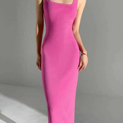 Elegant Midi Dress with Square Neck - Stylish Viscose Stretch