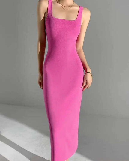 Elegant Midi Dress with Square Neck - Stylish Viscose Stretch