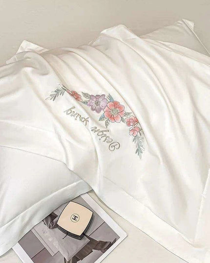 Elegant Floral Embroidered Egyptian Cotton Bedding Collection - Duvet Cover, Bed Sheet & Pillowcases in Soft Pastels