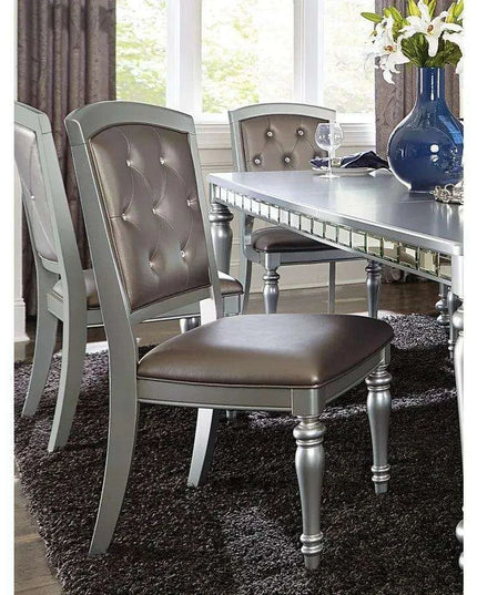 Glistening Silver Dining Ensemble with Crystal-Accented Tufted Chairs
