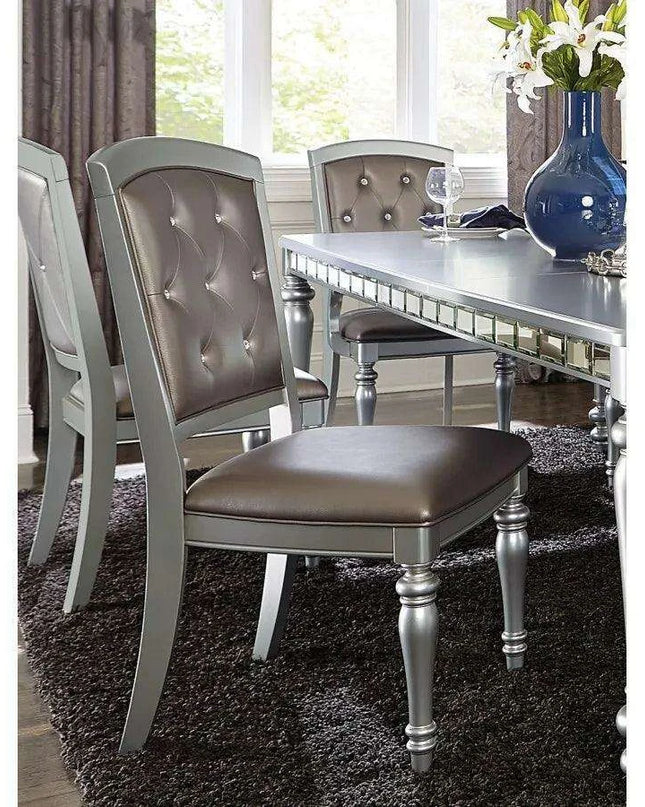 Glistening Silver Dining Ensemble with Crystal-Accented Tufted Chairs