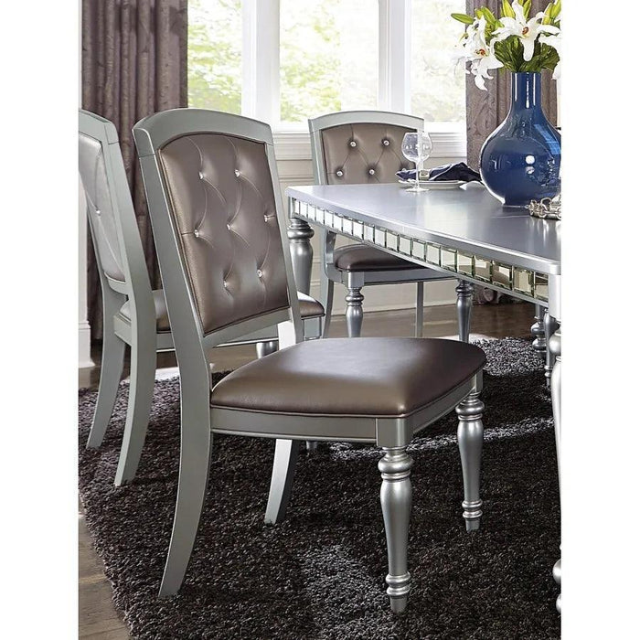Glistening Silver Dining Ensemble with Crystal-Accented Tufted Chairs