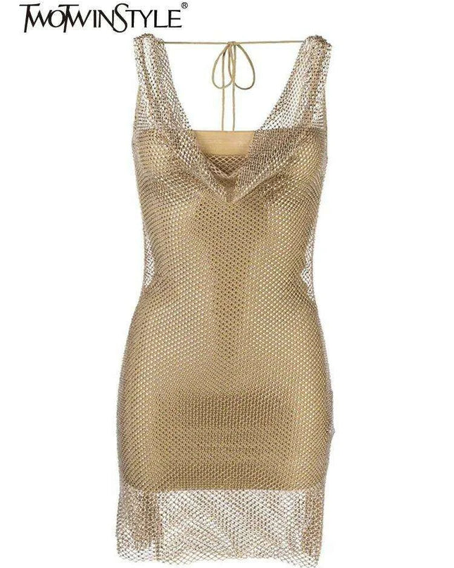 Elegant Backless Diamond Patchwork Dress with Stylish Collar - A Fashion Essential for Women