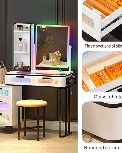 Luxurious LED-Integrated Glass Makeup Organizer with Charging Station