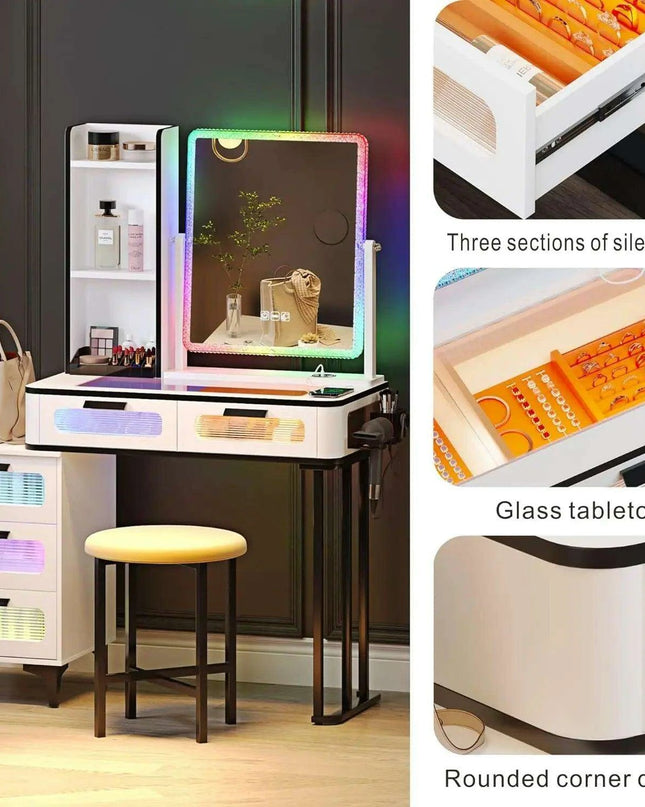 Luxurious LED-Integrated Glass Makeup Organizer with Charging Station
