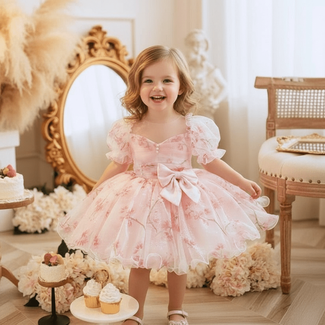 Charming Bow-Print Puff Sleeve Evening Dress for Girls