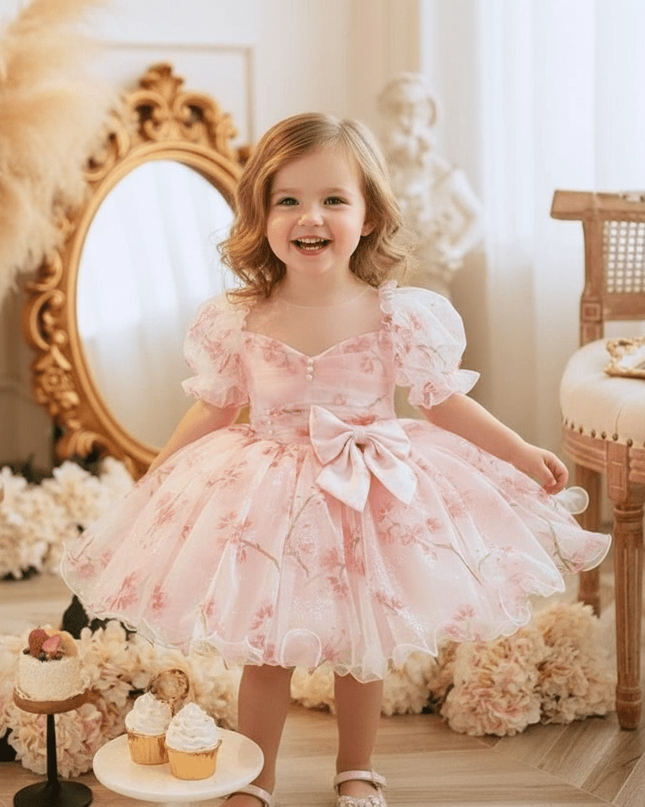 Charming Bow-Print Puff Sleeve Evening Dress for Girls