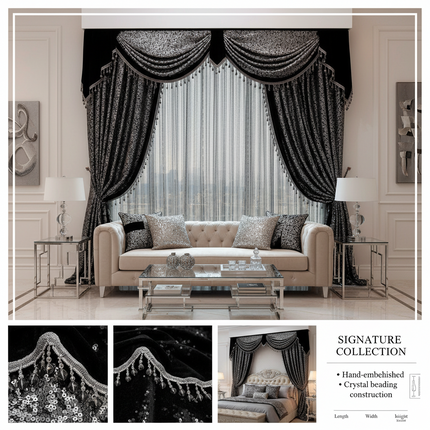 Très Elite Black Grey European Curtain Light Blocking Damask Taffeta