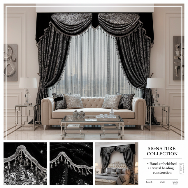 Très Elite Black Grey European Curtain Light Blocking Damask Taffeta