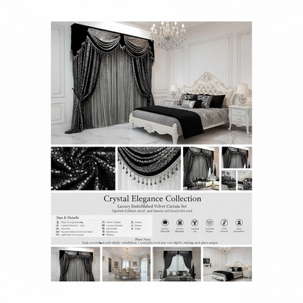 Très Elite Black Grey European Curtain Light Blocking Damask Taffeta