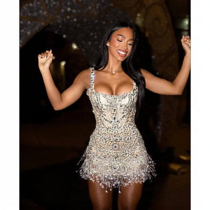 ELEGANCE VOYOGA Gorgeous Crystals Beaded Mini Evening Dress