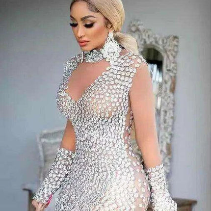 Stunning Crystal-Embellished Mesh Bodycon Dress with Graceful Long Sleeves for Elegant Occasions