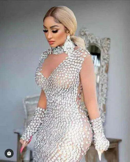 Stunning Crystal-Embellished Mesh Bodycon Dress with Graceful Long Sleeves for Elegant Occasions