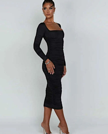 Elegant Long Sleeve Black Midi Dress with Ruched Detailing - The Ultimate Women’s Wardrobe Staple