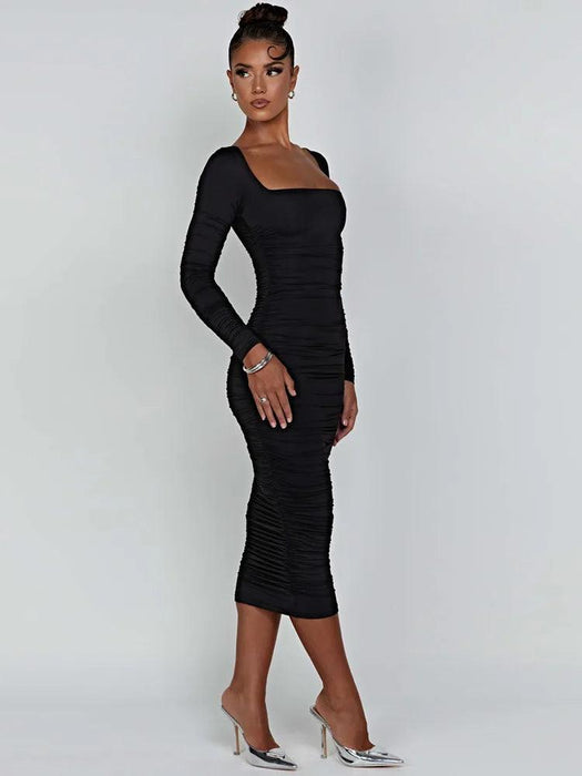 Elegant Long Sleeve Black Midi Dress with Ruched Detailing - The Ultimate Women’s Wardrobe Staple