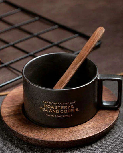 Classic American Elegance: Ceramic Coffee Mug Set with Walnut Holder and Gift Box