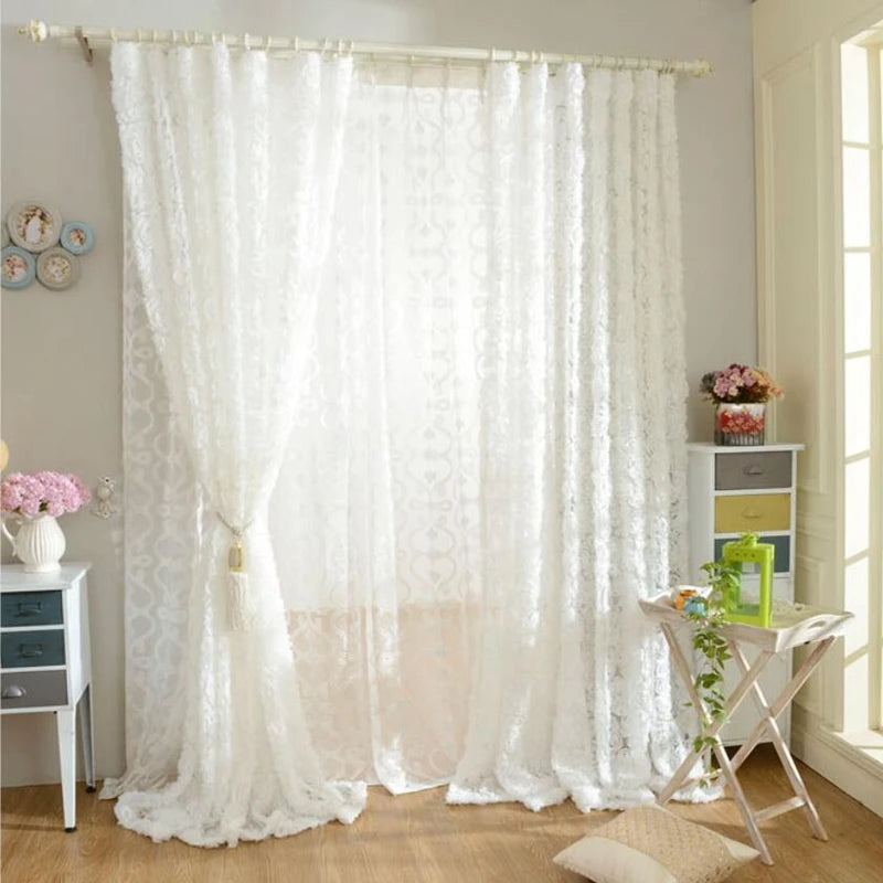 3D Rose Embroidery Sheer Voile Curtain – White & Pink, Custom Size