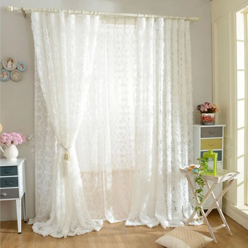 3D Rose Embroidery Sheer Voile Curtain – White & Pink, Custom Size
