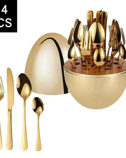 Sophisticated 24-Piece Stainless Steel Dining Collection with Unique Egg-Shaped Cutlery