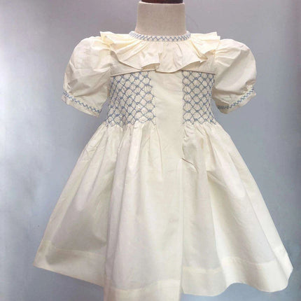 Elegant Handcrafted Cotton Dress for Girls with Lotus Leaf Collar and Adorable Puff Sleeves for Special Celebrations