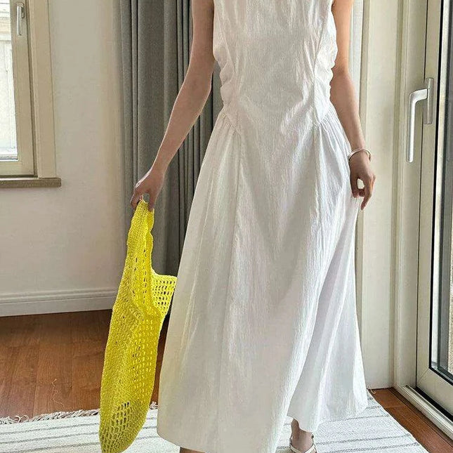 Chic White Pleated Plus Size Maxi Dress for Women - Sleeveless Round Neck Style