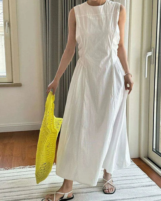 Chic White Pleated Plus Size Maxi Dress for Women - Sleeveless Round Neck Style