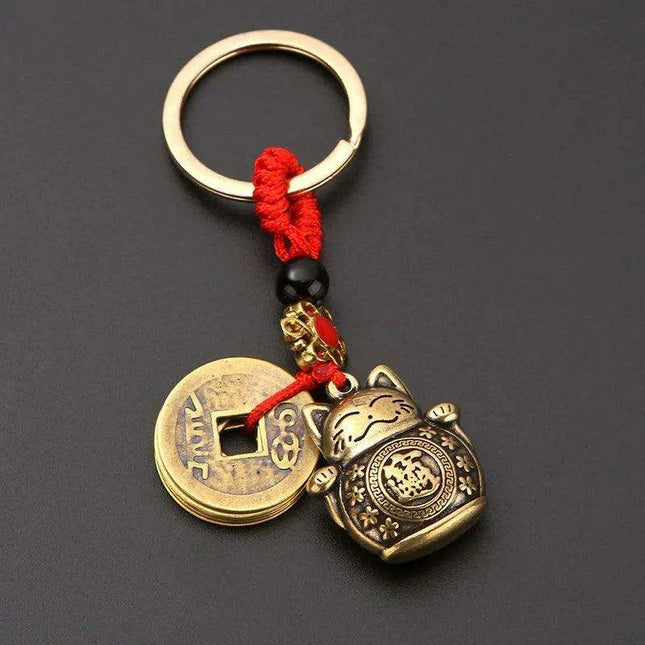 Antique Brass Lucky Cat Keychain with Feng Shui Coin & Five Emperors Charm