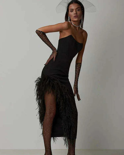 Elegant Strapless Black and White Feather Detail Bodycon Dress for Women