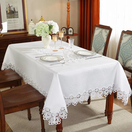 Battilo Lace Embroidery White Floral Rectangle Tablecloth Waterproof Oilproof