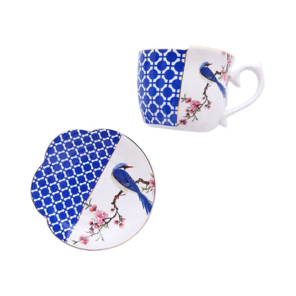 Retro Blue & White Rose Ceramic Mug — Gold Accent Irregular Design