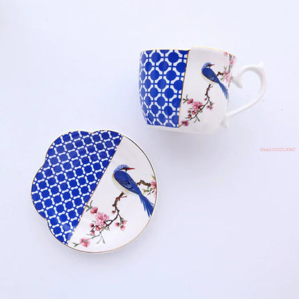 Retro Blue & White Rose Ceramic Mug with Golden Stroke — Irregular Shape, Light Luxury | Très Elite