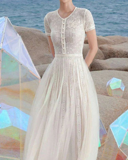 Stylish Hollow Embroidered Pleated Evening Gown for Women