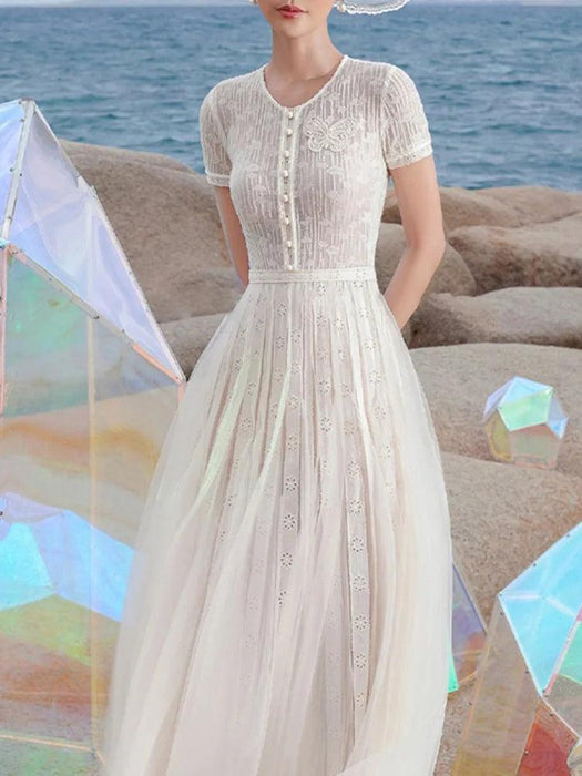 Stylish Hollow Embroidered Pleated Evening Gown for Women