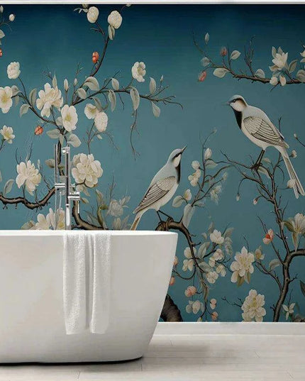 Elegant Hand-Painted Asian Mural Wallpaper Featuring Birds and Blossoms - Customizable Home Decor Art